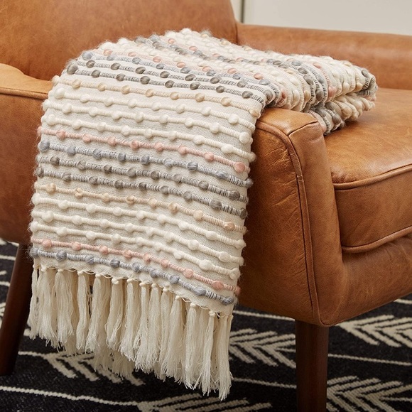 Farmhouse Pompom Fringe Tassel Neutral Color Throw Blanket for Gift/Couch/Bed - Picture 7 of 7